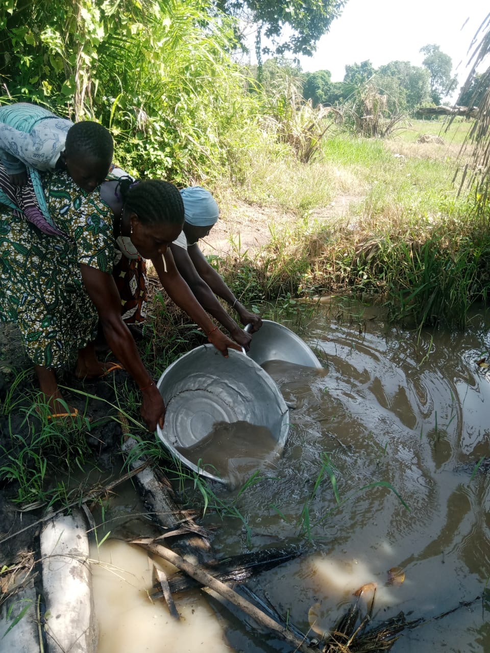 Three women bend over a muddy pond, washing large metal basins among tall grasses and trees in a rural area